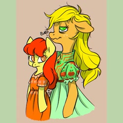 Size: 1660x1660 | Tagged: safe, artist:ilcerbiastrello, apple bloom, applejack, earth pony, semi-anthro, g4, apple sisters, arm hooves, clothes, dress, drunk, drunk aj, duo, duo female, female, filly, foal, mare, puffy sleeves, siblings, sisters