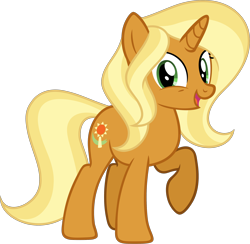 Size: 2500x2436 | Tagged: safe, artist:hazardous-andy, artist:nicogamer3000, idw, sunflower spectacle, pony, unicorn, g4, .svg available, female, full body, high res, hooves, horn, idw showified, looking at you, mare, open mouth, open smile, raised hoof, show accurate, simple background, smiling, smiling at you, solo, standing, svg, tail, trace, transparent background, two toned mane, two toned tail, vector, vector trace