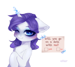Size: 1920x1734 | Tagged: safe, artist:etter, rarity, pony, unicorn, g4, blushing, bronybait, chest fluff, colored pupils, cute, ear fluff, floppy ears, fluffy, horn, magic, one eye closed, simple background, solo, watermark, white background