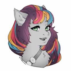 Size: 4096x4096 | Tagged: safe, artist:eltaile, sunny starscout, earth pony, pony, g5, my little pony: a new generation, bust, chest fluff, cute, fangs, female, looking at you, mane stripe sunny, mare, partial color, simple background, solo, white background