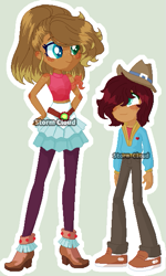 Size: 363x604 | Tagged: safe, artist:stormcloud-yt, oc, oc only, oc:anahita, oc:archie, equestria girls, g4, base used, clothes, female, hat, high heels, male, offspring, parent:applejack, parent:trouble shoes, parents:troublejack, shoes, simple background