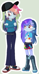 Size: 320x600 | Tagged: safe, artist:stormcloud-yt, oc, oc only, oc:blue rainbow, oc:rainbow heaven, equestria girls, g4, bags under eyes, base used, boots, clothes, converse, duo, equestria girls-ified, female, hat, multicolored hair, offspring, parent:rainbow dash, parent:soarin', parents:soarindash, rainbow hair, shoes, shorts, simple background, sneakers