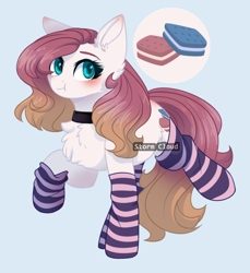 Size: 890x971 | Tagged: safe, artist:stormcloud-yt, oc, oc only, earth pony, pony, blue background, chest fluff, choker, clothes, earth pony oc, puffy cheeks, raised hoof, simple background, socks, solo, striped socks