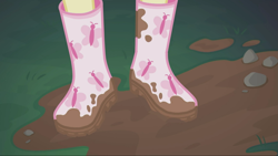 Size: 2047x1152 | Tagged: safe, fluttershy, butterfly, equestria girls, g4, my little pony equestria girls: choose your own ending, stressed in show, stressed in show: fluttershy, boots, close-up, legs, mud, muddy, pebbles, pictures of legs, shoes