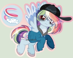 Size: 1353x1072 | Tagged: safe, artist:stormcloud-yt, oc, oc only, oc:rainbow heaven, pegasus, pony, bags under eyes, base used, cap, clothes, hat, hoodie, multicolored hair, offspring, parent:rainbow dash, parent:soarin', parents:soarindash, pegasus oc, rainbow hair, simple background, solo, wings
