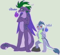 Size: 2890x2674 | Tagged: safe, artist:stormcloud-yt, oc, oc only, oc:ash, oc:sinter, dragon, anthro, digitigrade anthro, base used, dragonc oc, dragoness, duo, female, high res, male, offspring, parent:princess ember, parent:spike, parents:emberspike, simple background