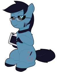 Size: 1891x2358 | Tagged: safe, artist:darktomato, oc, oc only, oc:pawker, earth pony, pony, black hair, blue eyes, blue pony, glasses, simple background, solo, swamp cinema, tablet, tablet pen, transparent background