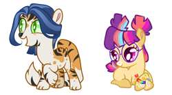 Size: 2318x1289 | Tagged: safe, artist:goldlines005, oc, oc only, cat, cat pony, earth pony, original species, pony, crack ship offspring, duo, earth pony oc, glasses, lying down, magical lesbian spawn, offspring, parent:capper dapperpaws, parent:limestone pie, parent:moondancer, parent:twilight sparkle, parents:twidancer, prone, simple background, transparent background