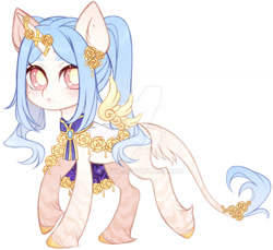 Size: 1024x939 | Tagged: safe, artist:miioko, oc, oc only, alicorn, pony, alicorn oc, clothes, deviantart watermark, floating wings, horn, horn ring, leonine tail, obtrusive watermark, ring, simple background, solo, tail, watermark, white background, wings