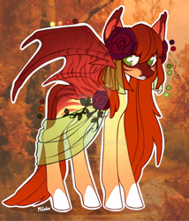 Size: 1024x1198 | Tagged: safe, artist:miioko, oc, oc only, bat pony, pony, bat pony oc, bat wings, clothes, colored hooves, deviantart watermark, dress, flower, flower in hair, obtrusive watermark, rose, see-through, solo, watermark, wings