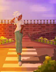 Size: 4000x5142 | Tagged: safe, artist:windywendy29, cloudchaser, human, g4, alternate hairstyle, boots, clothes, commission, converse, dark skin, female, humanized, jeans, pants, shirt, shoes, sneakers, solo, t-shirt, tattoo, walking