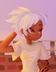 Size: 4000x5142 | Tagged: safe, alternate version, artist:windywendy29, cloudchaser, human, g4, alternate hairstyle, close-up, clothes, commission, dark skin, female, humanized, shirt, solo, t-shirt, tattoo