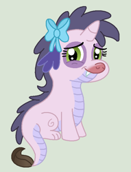 Size: 558x729 | Tagged: safe, artist:barkers-art, oc, oc only, oc:miracle, dracony, hybrid, bow, fangs, female, filly, foal, hair bow, interspecies offspring, offspring, parent:rarity, parent:spike, parents:sparity, simple background, sitting, smiling, solo