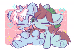 Size: 1540x1076 | Tagged: safe, artist:oofycolorful, oc, oc only, earth pony, pony, unicorn, blush sticker, blushing, chibi, commission, cute, duo, eyes closed, face licking, food, heart, heart tongue, hoof heart, licking, one eye closed, shipping, starry eyes, tongue out, weapons-grade cute, wingding eyes, ych result