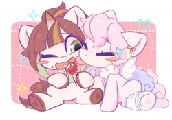 Size: 1540x1076 | Tagged: safe, artist:oofycolorful, oc, oc only, pegasus, pony, unicorn, blush sticker, blushing, chibi, commission, cute, duo, eyes closed, face licking, food, heart, heart tongue, hoof heart, licking, one eye closed, shipping, tongue out, weapons-grade cute, ych result