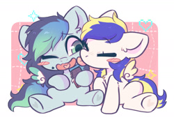 Size: 1540x1076 | Tagged: safe, artist:oofycolorful, oc, oc only, pegasus, pony, blush sticker, blushing, chibi, commission, cute, duo, eyes closed, face licking, food, heart, heart tongue, hoof heart, licking, one eye closed, shipping, tongue out, weapons-grade cute, ych result