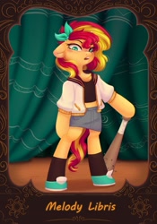 Size: 1509x2160 | Tagged: safe, artist:melodylibris, sunset shimmer, unicorn, semi-anthro, g4, arm hooves, aubrey (the omori), baseball bat, clothes, collaboration, cosplay, costume, female, looking at you, mare, omori, solo, sunset cosplay flashmob