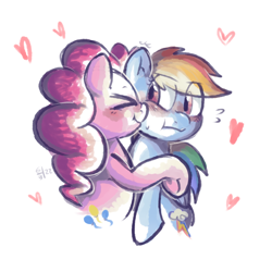 Size: 1024x1024 | Tagged: safe, artist:kukie, pinkie pie, rainbow dash, earth pony, pegasus, pony, g4, :t, ><, blushing, cheek kiss, colored sketch, cute, duo, eye clipping through hair, eyes closed, female, floating heart, half body, heart, hooves, hug, kissing, lesbian, looking at someone, multicolored hair, rainbow hair, scrunchy face, shaded sketch, ship:pinkiedash, shipping, simple background, sketch, sweat, sweatdrop, tsunderainbow, tsundere, underhoof, white background