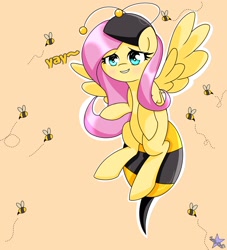 Size: 1862x2048 | Tagged: safe, artist:zeon_starlight, fluttershy, bee, insect, pegasus, pony, g4, it ain't easy being breezies, animal costume, bee costume, clothes, costume, female, flutterbee, mare, simple background, solo, yay