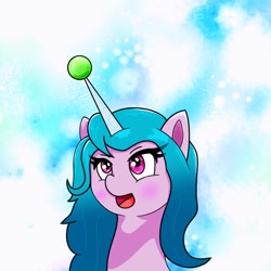 Size: 768x768 | Tagged: safe, artist:zeon_starlight, izzy moonbow, pony, unicorn, g5, ball, bust, female, izzy's tennis ball, looking at something, mare, open mouth, portrait, solo, starry eyes, tennis ball, wingding eyes