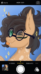 Size: 1214x2160 | Tagged: safe, artist:valeramoongod, oc, oc only, oc:nixie tube, bat pony, earth pony, hybrid, pony, :p, coat markings, commission, dappled, ear fluff, fangs, glasses, one eye closed, phone screen, selfie, solo, tongue out, wink, ych result