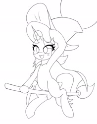 Size: 1609x2048 | Tagged: safe, artist:zeon_starlight, starlight glimmer, pony, unicorn, g4, broom, cape, clothes, female, flying, flying broomstick, hat, horn, mare, open mouth, open smile, sketch, smiling, solo