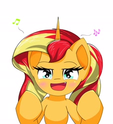 Size: 1862x2048 | Tagged: safe, artist:zeon_starlight, sunset shimmer, pony, unicorn, g4, cute, cute little fangs, emanata, fangs, female, horn, looking at you, mare, music notes, open mouth, sharp teeth, solo, teeth