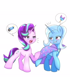 Size: 1862x2048 | Tagged: safe, artist:zeon_starlight, starlight glimmer, trixie, pony, unicorn, g4, cannon, cape, clothes, duo, duo female, emanata, female, fireworks, horn, looking at each other, looking at someone, mare, open mouth, raised hoof, simple background, speech bubble, starry eyes, trixie's cape, white background, wingding eyes