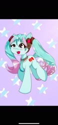Size: 828x1792 | Tagged: safe, artist:zeon_starlight, kotobukiya, earth pony, pony, :3, anime, black bars, female, hatsune miku, kotobukiya hatsune miku pony, letterboxing, mare, music notes, open mouth, ponified, solo, starry background, stars, vocaloid