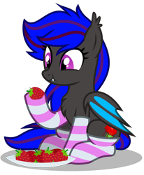 Size: 1226x1487 | Tagged: safe, artist:amgiwolf, oc, oc only, oc:ebony rose, bat pony, chest fluff, clothes, commission, commissioner:wolfgangrd, cute, ear tufts, eating, fangs, food, herbivore, simple background, socks, solo, strawberry, striped socks, transparent background