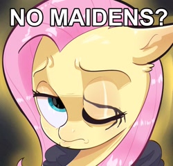 Size: 1905x1818 | Tagged: safe, artist:another_pony, fluttershy, pegasus, pony, aside glance, bust, caption, elden ring, eye scar, female, floppy ears, frown, looking at you, mare, meme, no bitches?, one eye closed, parody, pouting, scar, solo, text, the maiden, three quarter view