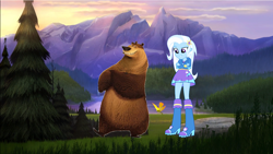 Size: 1238x696 | Tagged: safe, artist:superluigi21, trixie, bear, equestria girls, g4, 1000 hours in ms paint, boog (open season), masha and bear, open season