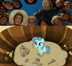 Size: 640x590 | Tagged: safe, edit, edited screencap, screencap, petunia paleo, dinosaur, earth pony, human, pony, g4, season 6, the fault in our cutie marks, 1960s, bone, cute, dead, dirt, excited, female, filly, foal, fossil, hole, irl, irl human, it's a mad mad mad mad world, looking at you, mickey rooney, movie reference, offscreen character, parody, petuniabetes, photo, ponysaur, pov, skeleton, skull, spiny back ponysaurus