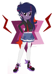 Size: 1280x1680 | Tagged: safe, artist:miidnightsparkle, oc, oc only, oc:night sparkle, equestria girls, g4, base used, clothes, cutie mark background, ear piercing, earring, female, hand on hip, jacket, jewelry, leggings, mary janes, offspring, parent:king sombra, parent:twilight sparkle, parents:twibra, piercing, shoes, simple background, skirt, smiling, solo, transparent background