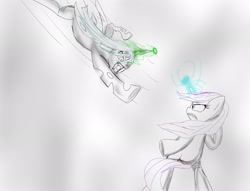 Size: 2048x1567 | Tagged: safe, artist:zeon_starlight, queen chrysalis, starlight glimmer, changeling, changeling queen, pony, unicorn, g4, season 9, the ending of the end, bipedal, duo, duo female, female, horn, looking at each other, looking at someone, magic, magic aura, mare, sketch