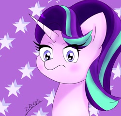 Size: 2048x1962 | Tagged: safe, artist:zeon_starlight, starlight glimmer, pony, unicorn, g4, bust, eye clipping through hair, female, horn, looking at you, mare, portrait, purple background, simple background, solo, starry background