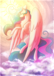 Size: 500x700 | Tagged: safe, artist:scarletsfeed, princess celestia, alicorn, pony, g4, chest fluff, eyes closed, female, flying, mare, missing accessory, sky, solo, sun