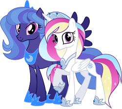 Size: 6294x5602 | Tagged: safe, artist:shootingstarsentry, oc, oc only, oc:starry diamond, oc:starry night, alicorn, pegasus, pony, absurd resolution, alicorn oc, duo, duo female, female, folded wings, horn, looking at you, mare, offspring, parent:princess cadance, parent:shining armor, parents:shiningcadance, parents:styuna, pegasus oc, raised hoof, simple background, smiling, smiling at you, spread wings, transparent background, wings