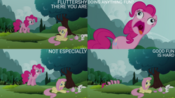 Size: 1280x720 | Tagged: safe, edit, edited screencap, editor:quoterific, screencap, angel bunny, fluttershy, pinkie pie, earth pony, pegasus, pony, rabbit, g4, season 3, too many pinkie pies, animal, faic, female, grin, male, mare, open mouth, smiling, text