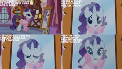 Size: 1280x720 | Tagged: safe, edit, edited screencap, editor:quoterific, screencap, rarity, pony, unicorn, g4, season 1, suited for success, carousel boutique, clothes, dress, female, mare, mirror, open mouth, rarity being rarity, reflection, solo, text