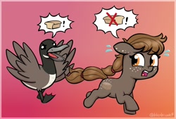 Size: 1756x1190 | Tagged: safe, artist:heretichesh, oc, oc:rye bread, bird, duck, earth pony, pony, bread, butt freckles, chase, duo, exclamation point, female, filly, foal, food, freckles, gradient background, open mouth, pictogram, running, speech bubble, sweat, sweatdrop