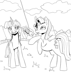 Size: 4000x4093 | Tagged: safe, artist:bluvsred, starlight glimmer, twilight sparkle, alicorn, pony, unicorn, g4, grass, grass field, kite, monochrome, simple background, twilight sparkle (alicorn), white background