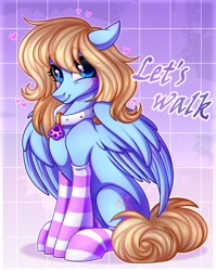 Size: 1580x1989 | Tagged: safe, artist:kannakiller, oc, oc only, oc:lusty symphony, pegasus, pony, blushing, clothes, collar, cute, heart, pegasus oc, socks, solo, stockings, striped socks, text, thigh highs