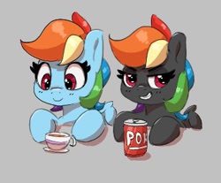 Size: 354x293 | Tagged: safe, artist:pabbley, rainbow dash, oc, oc:dark rainbow dash, pegasus, pony, g4, cup, duo, female, gray background, grin, mare, simple background, smiling, smirk, soda can, teacup