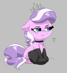Size: 681x741 | Tagged: safe, artist:pabbley, diamond tiara, earth pony, pony, g4, choker, clothes, female, filly, floppy ears, foal, gray background, grumpy, looking away, simple background, sitting, skull and crossbones, solo, stockings, thigh highs