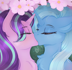Size: 2000x1936 | Tagged: safe, artist:munrei, starlight glimmer, trixie, pony, unicorn, g4, bust, cherry blossoms, chest fluff, duo, eyes closed, female, flower, flower blossom, french kiss, horn, kissing, lesbian, love, mare, portrait, ship:startrix, shipping, tongue out