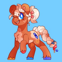 Size: 2048x2048 | Tagged: safe, artist:cocopudu, oc, oc only, oc:snickerdoodle (cocopudu), earth pony, pony, blue background, braces, chest fluff, cloven hooves, female, freckles, high res, mare, multicolored hooves, one eye closed, open mouth, open smile, simple background, smiling, solo, unshorn fetlocks, white pupils, wink