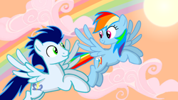 Size: 1280x720 | Tagged: safe, artist:mlplary6, rainbow dash, soarin', pegasus, pony, g4, boyfriend and girlfriend, cloud, female, looking at each other, male, mare, rainbow, ship:soarindash, shipping, sky, smiling, smiling at each other, stallion, straight, sun, sunset