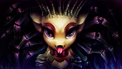 Size: 3840x2160 | Tagged: safe, artist:stdeadra, oc, pony, zerg, armor, big eyes, bust, crossover, fangs, high res, looking at you, open mouth, ponified, portrait, purple background, purple eyes, sarah kerrigan, simple background, solo, starcraft, starcraft 2, tongue out