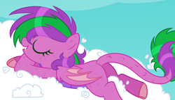 Size: 1536x883 | Tagged: safe, artist:stormcloud-yt, oc, oc only, oc:firestorm swirl, bat pony, dracony, hybrid, pony, base used, bat pony oc, bat wings, butt, cloud, eyelashes, eyes closed, female, interspecies offspring, mare, offspring, on a cloud, parent:amethyst star, parent:spike, parents:amespike, plot, sleeping, solo, wings